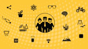 Stylized graphic showing several icons of life: family, science, brain, bike, glasses, atom, fishing, forest, microchips - all representing research done by EPICS students