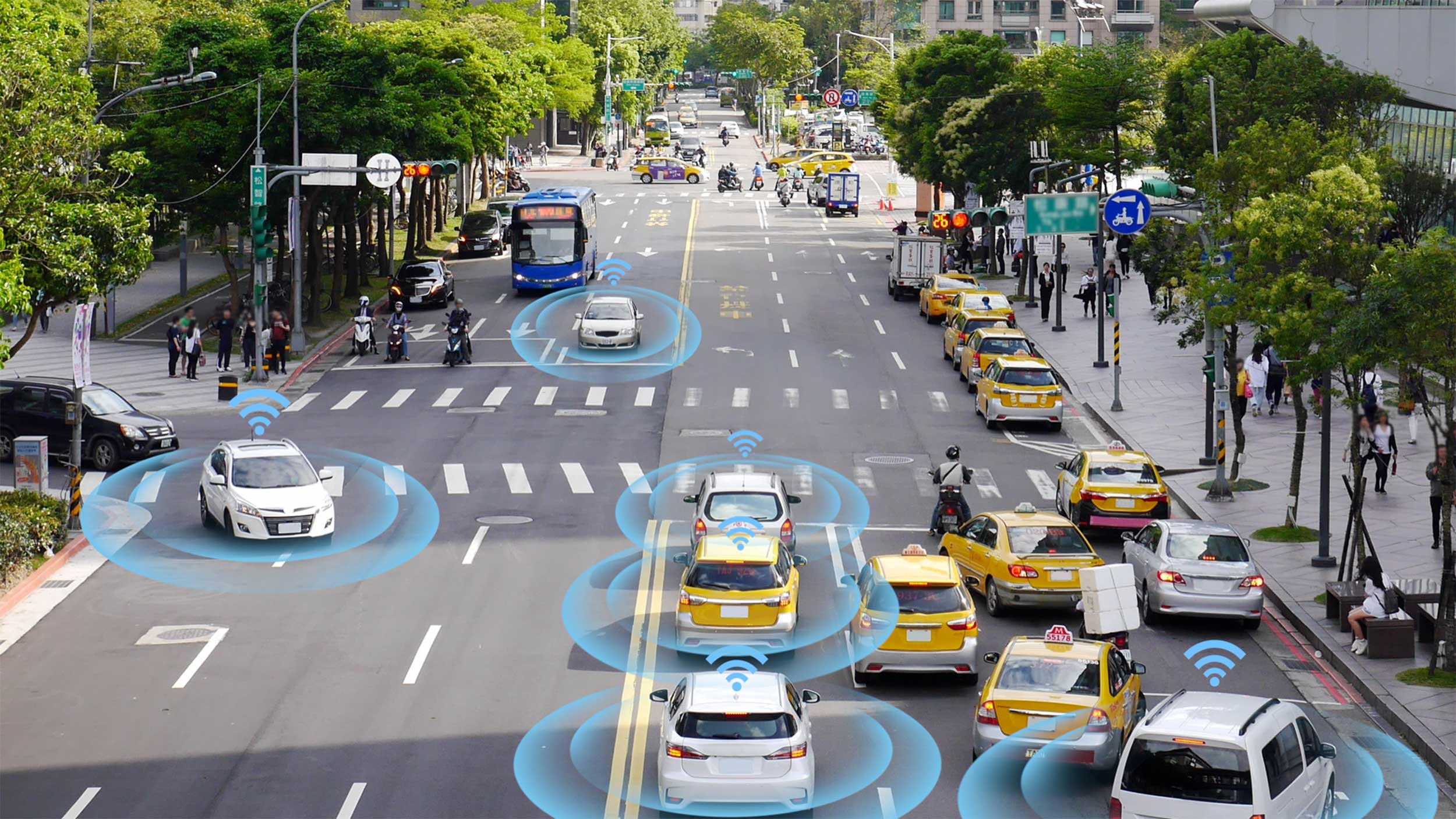 Stylized stock image of autonomous vehicles moving in city traffic