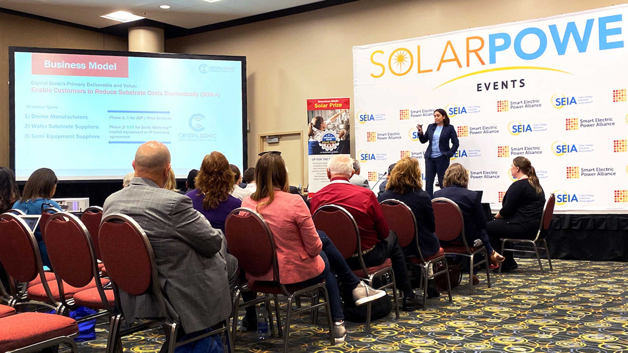 Mariana Bertoni speaks at the American-Made Solar Prize competition in September 2019