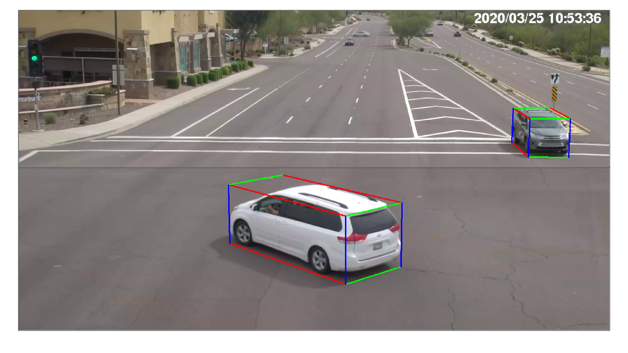 A computer visualization shows a 3D bounding box-based vehicle detection and tracking system at a street intersection in Arizona.