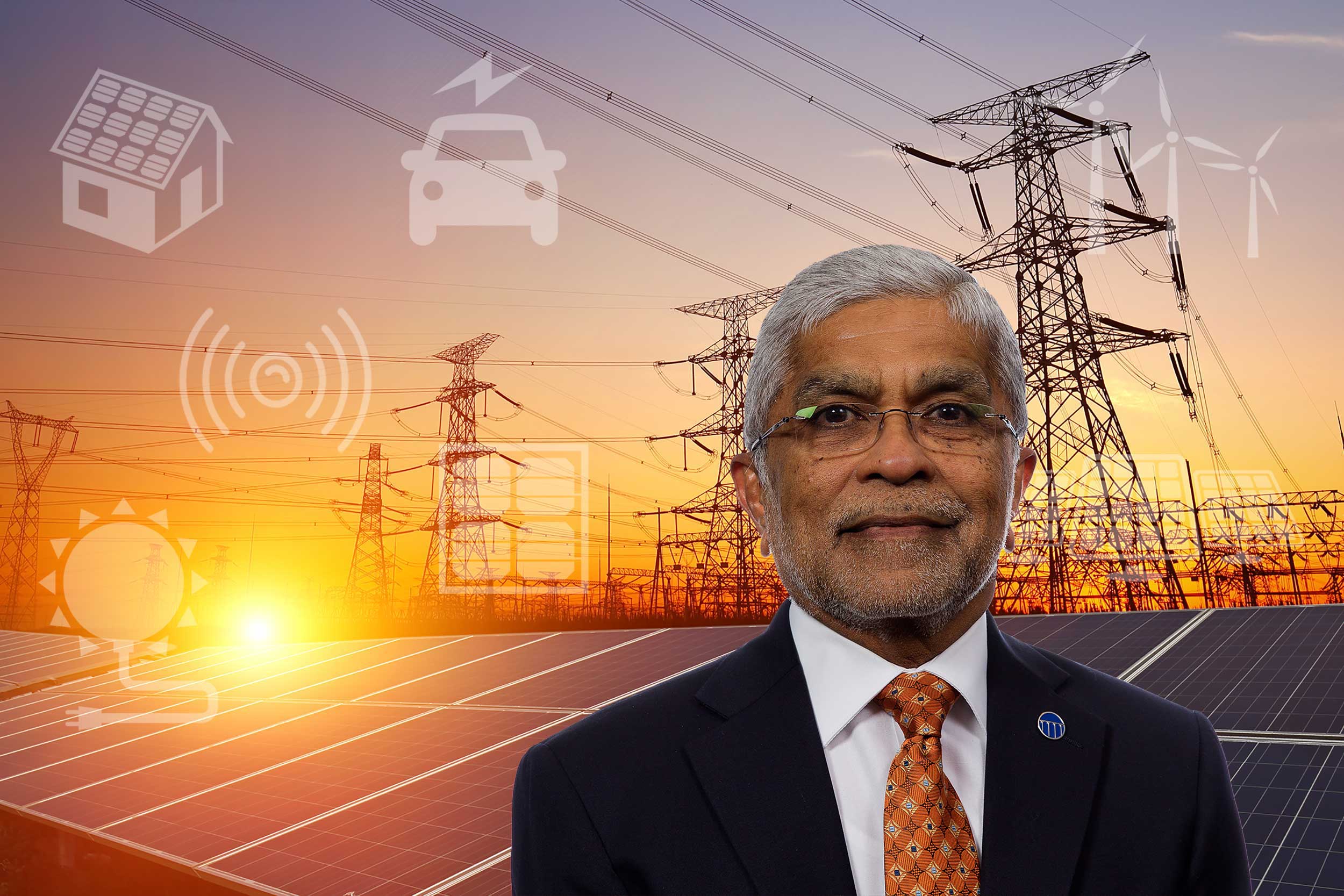 professional portrait of Vijay Vittal set against a stylized stock image with powerlines, solar panels and energy icons