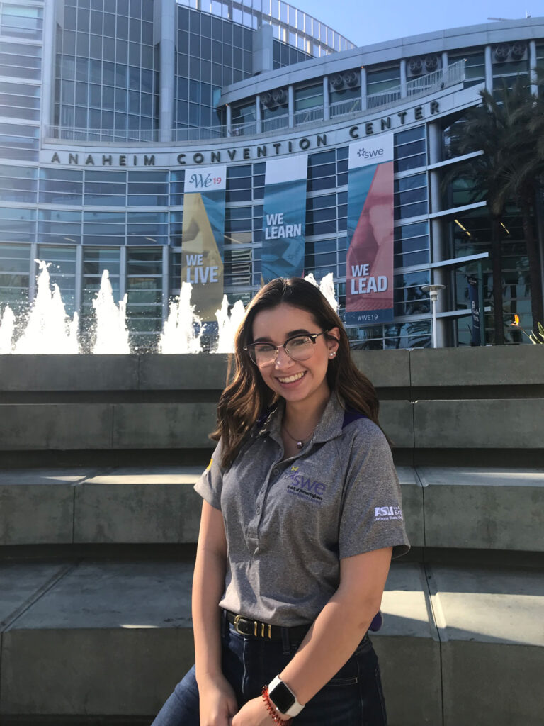 Elizabeth Jones in front of the Anaheim Convention Center during the WE19 conference