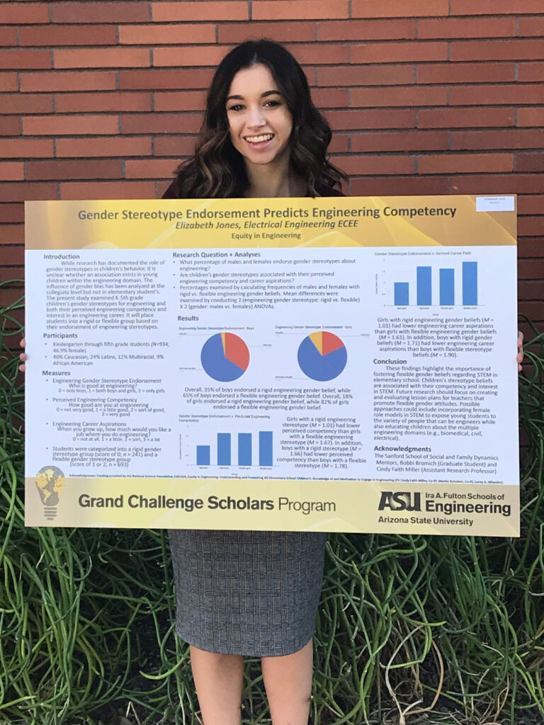 Elizabeth Jones holds a poster from her project about gender stereotypes affecting engineering competency in elementary school students.