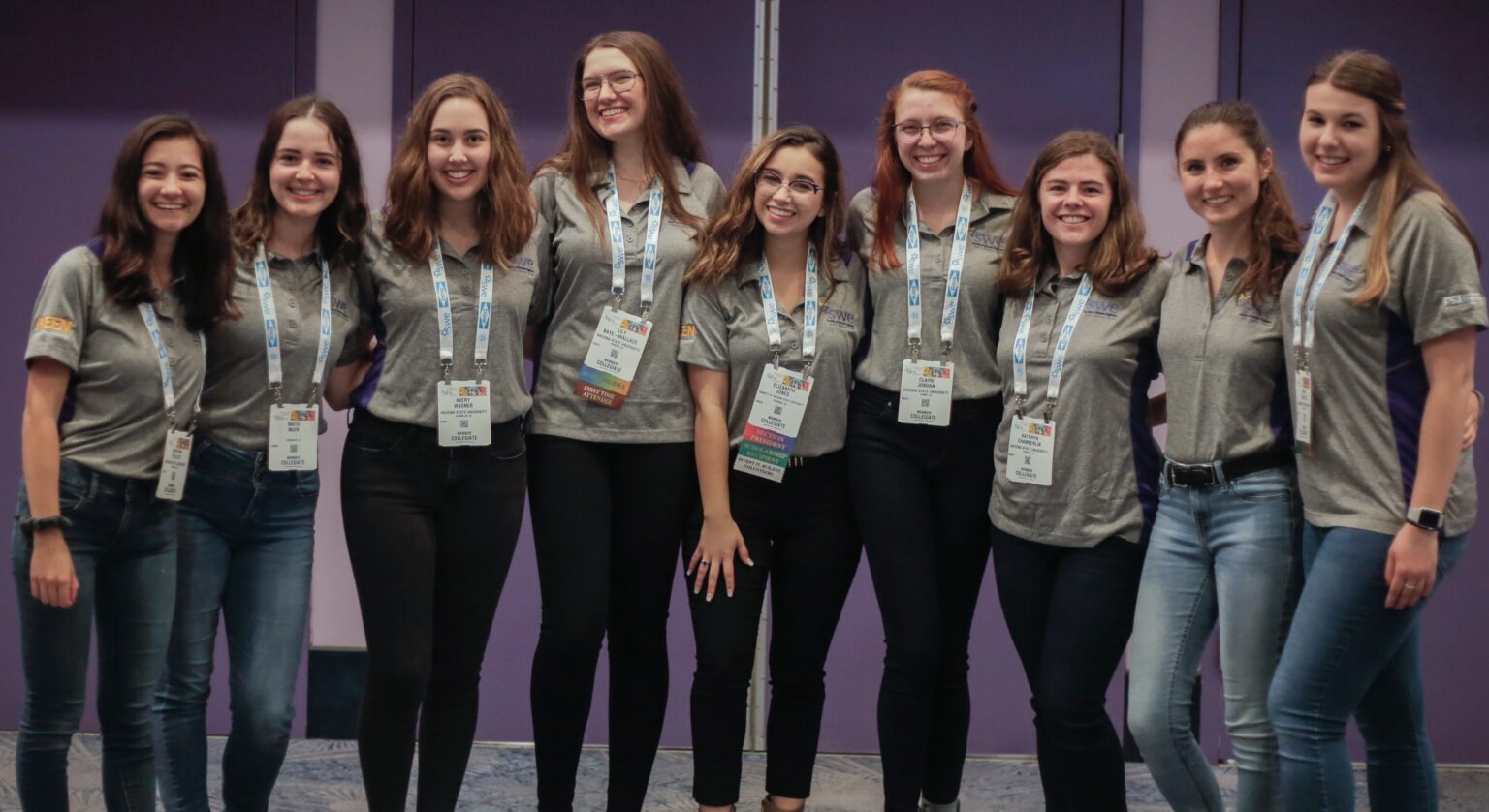 Elizabeth Jones (center) poses with ASU SWE section leadership team members at the WE19 annual Society of Women Engineers conference.