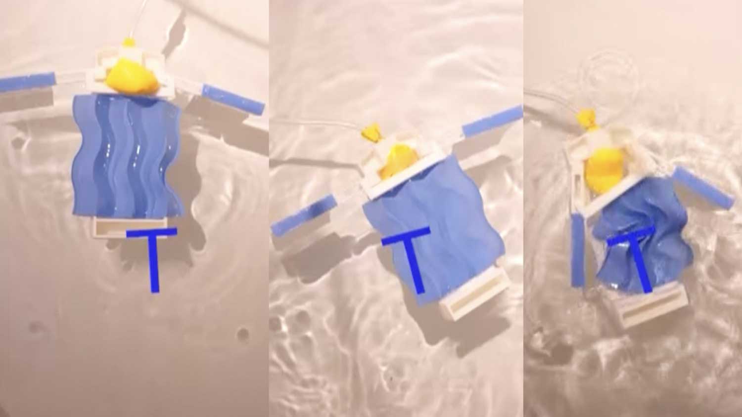 Screenshot of a simple swimming robot performing three different tasks based on different types of origami creases in the main body