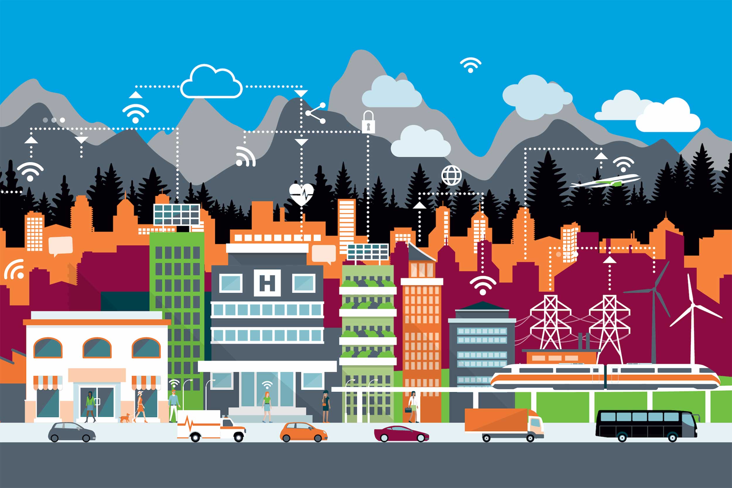 Colorful, stylized graphic of a smart city in the foothills of a mountain range with symbols of connectivity between businesses, people and vehicles