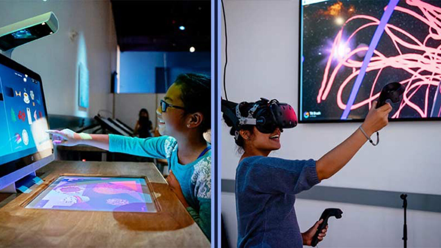 Images of two children doing virtual reality and computer touch screen activities