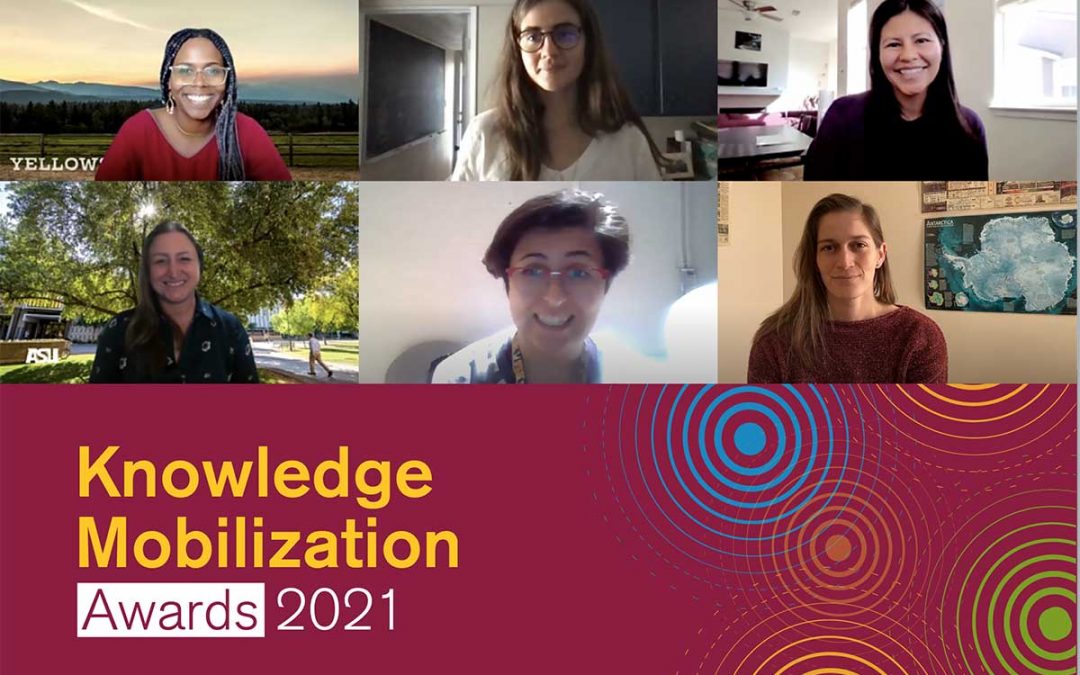 Screenshot of winners from the online Knowledge Mobilization Awards 2021 event