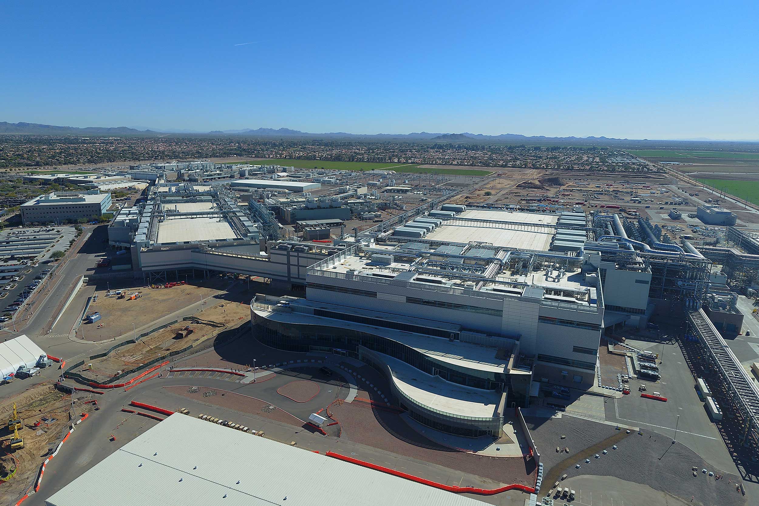Aerial view of Intel's Fab 42 semiconductor manufacturing facility in Chandler, Arizona