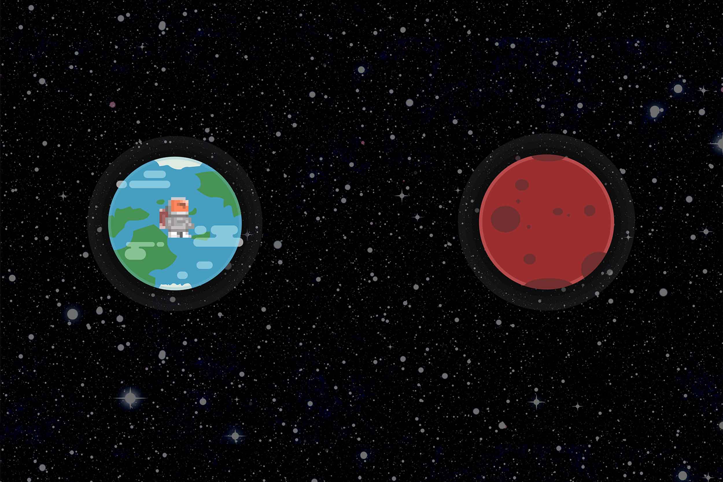 Screenshot from the video game used in Hooyman's research on motor control. Earth is shown on the left and Mars on the right on a field of space and stars