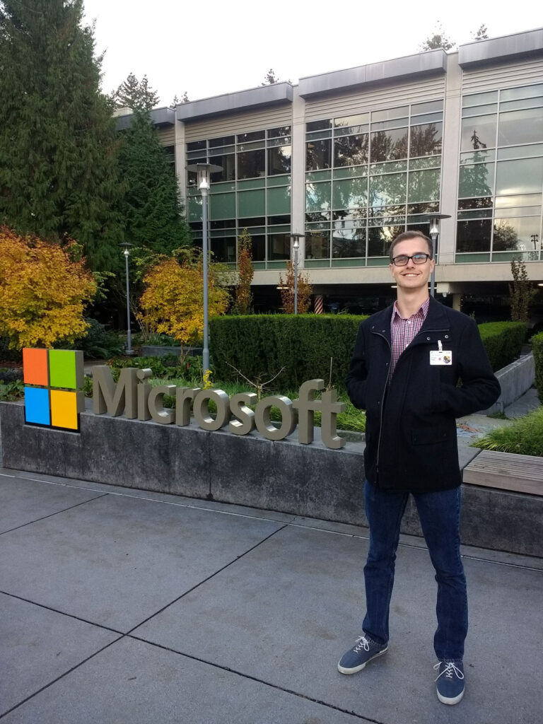 Richard Rigby stands in front of a Microsoft building