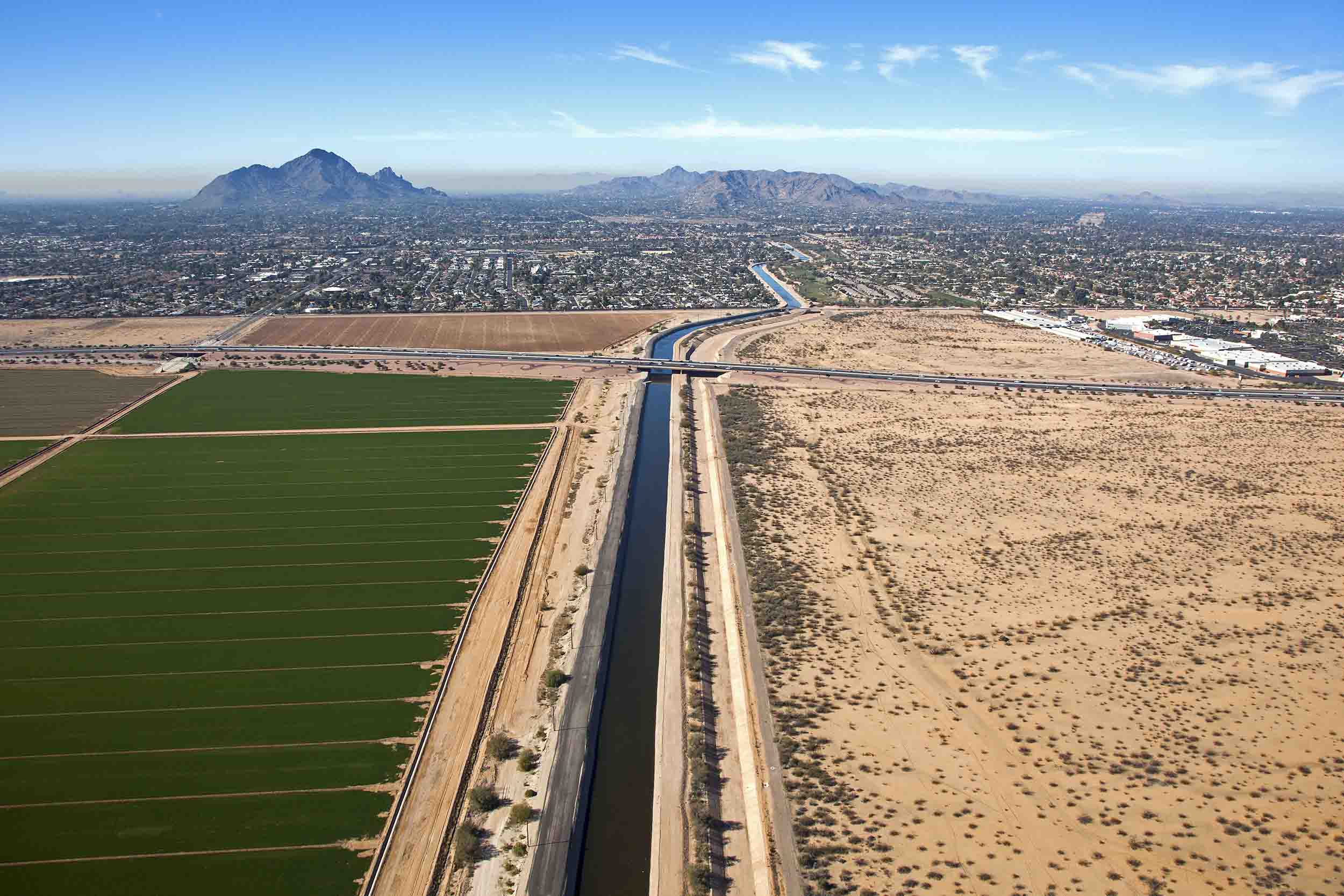 Aerial view of Phoenix, Arizona which showcases the Central Arizona Project (CAP) canals, which bring water to the city