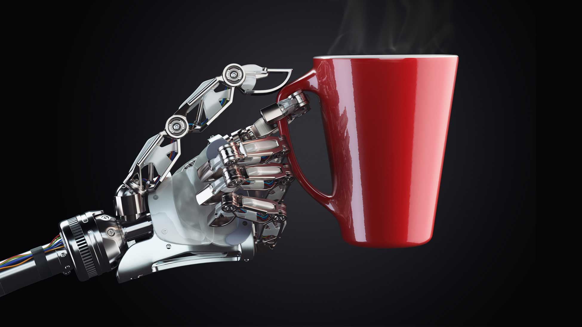 A robot hand is shown holding a red cup of steaming hot coffee