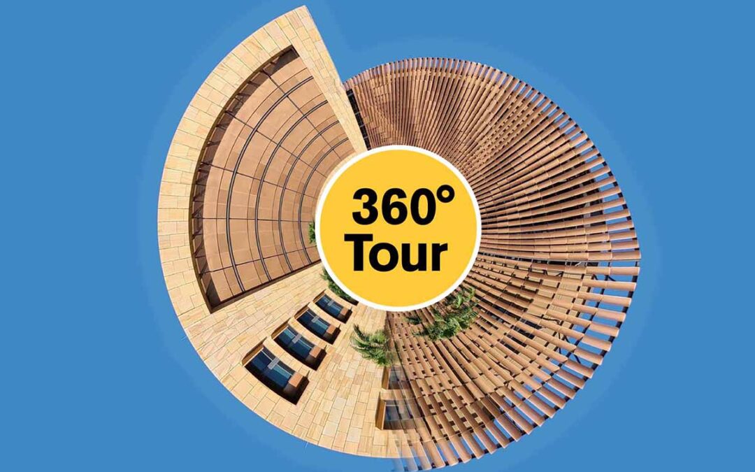 Stylized circular image of Fulton Schools buildings with "360 degree Tour" in the center