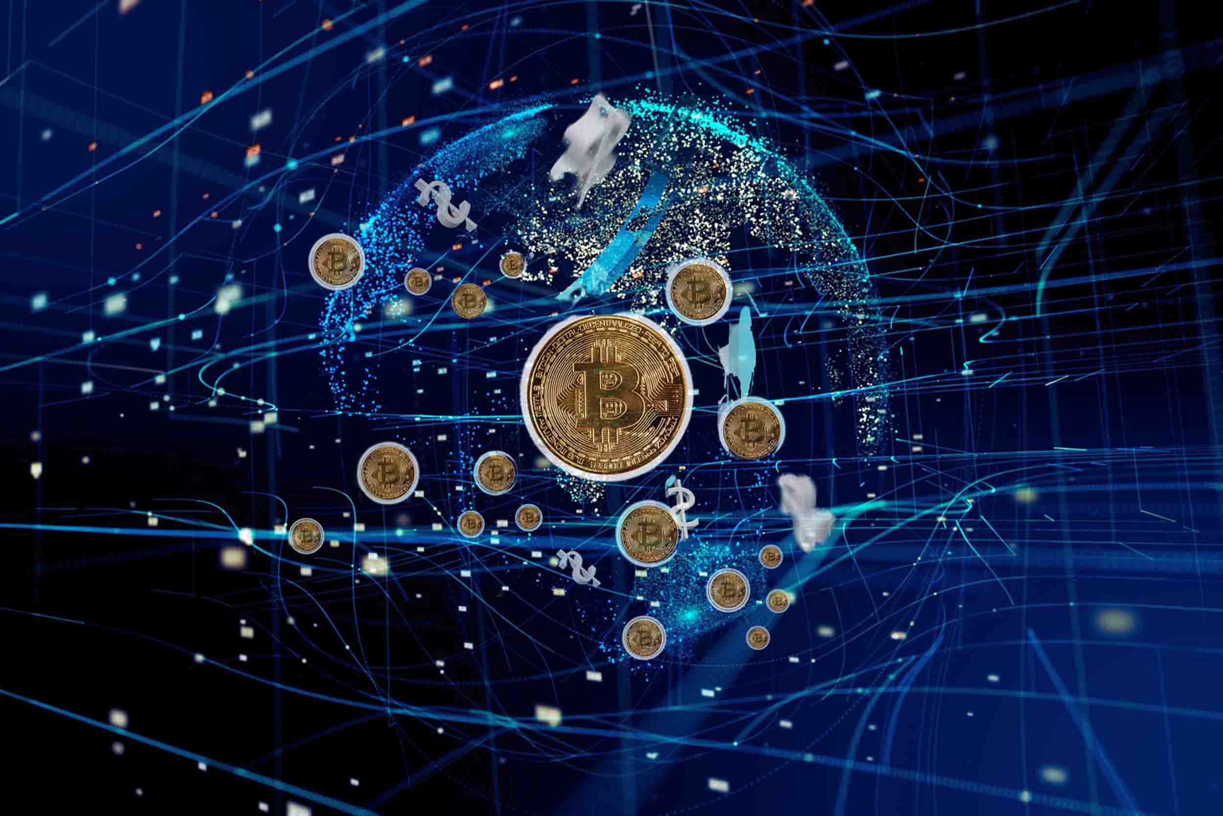 Stock image melding imagery from cryptocurrency, dollars, global connections and space