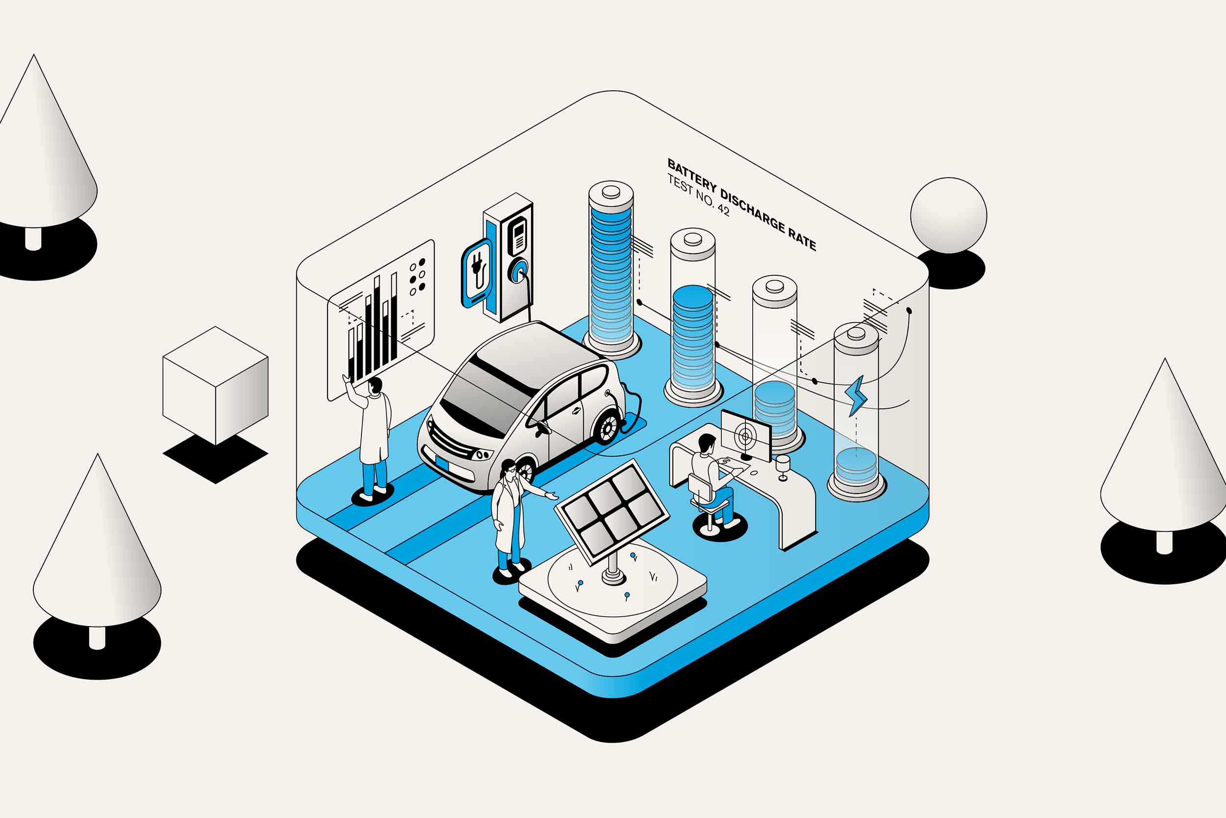 Stylized cartoon graphic of an electric car lab