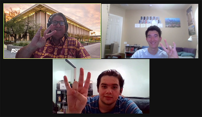 Virtual Summit 2001 zoom conference with various students flashing the fork hand signal