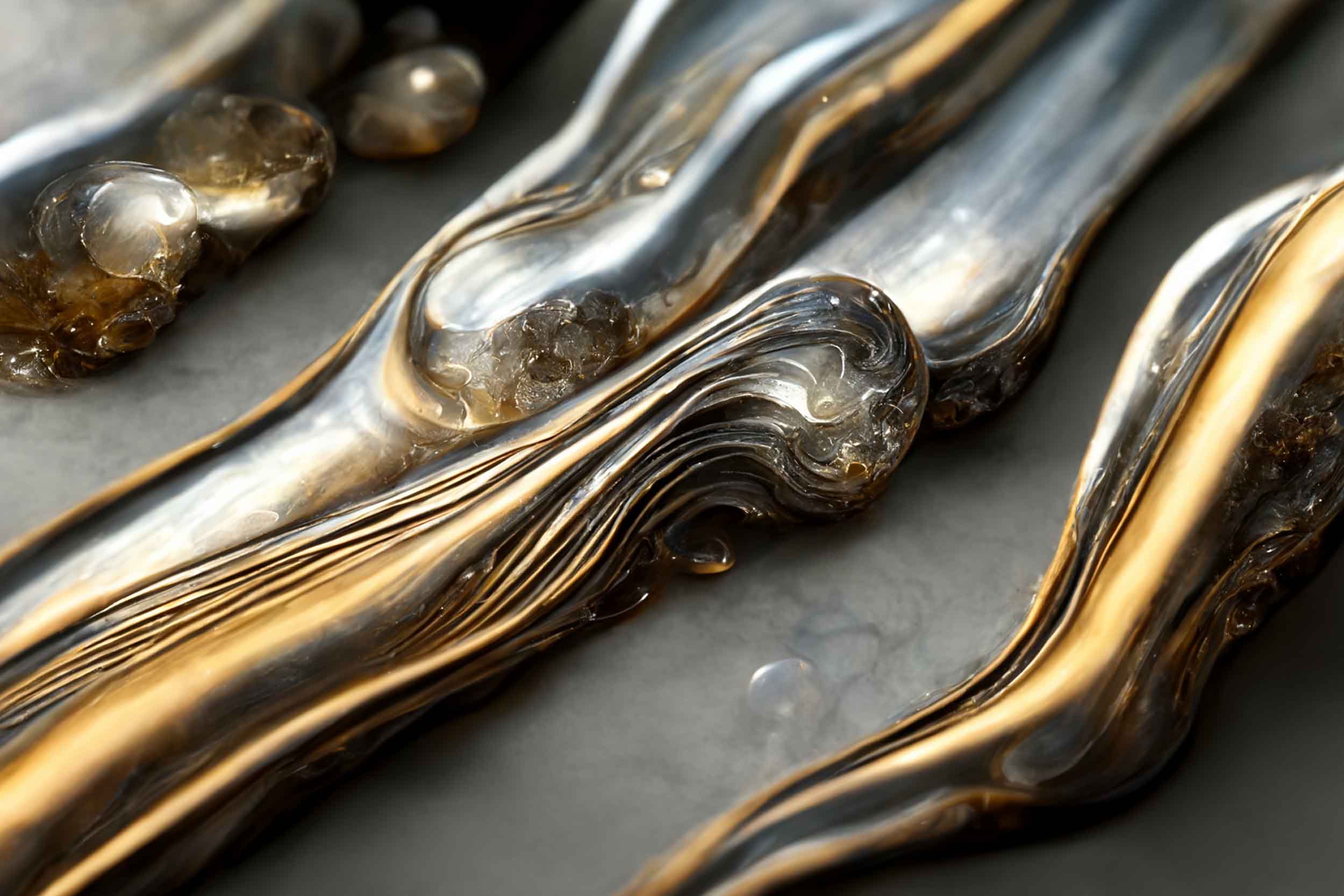 Artist and AI rendering of luminous, molten metals flowing in rivulets across a gray surface