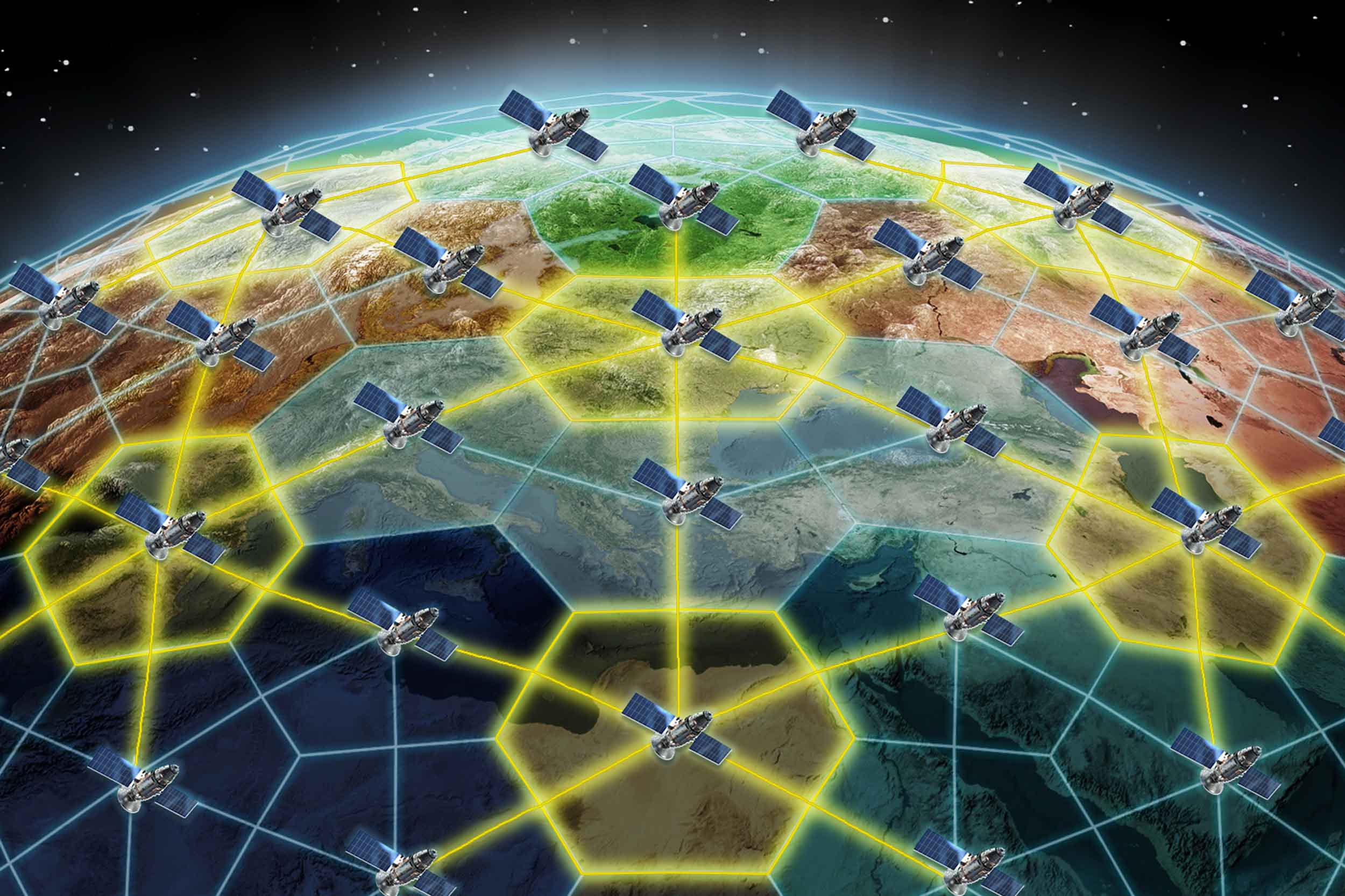 Digital rendering of a grid of interconnected satellites evenly dispersed in the atmosphere above the earth, as if in protection of it