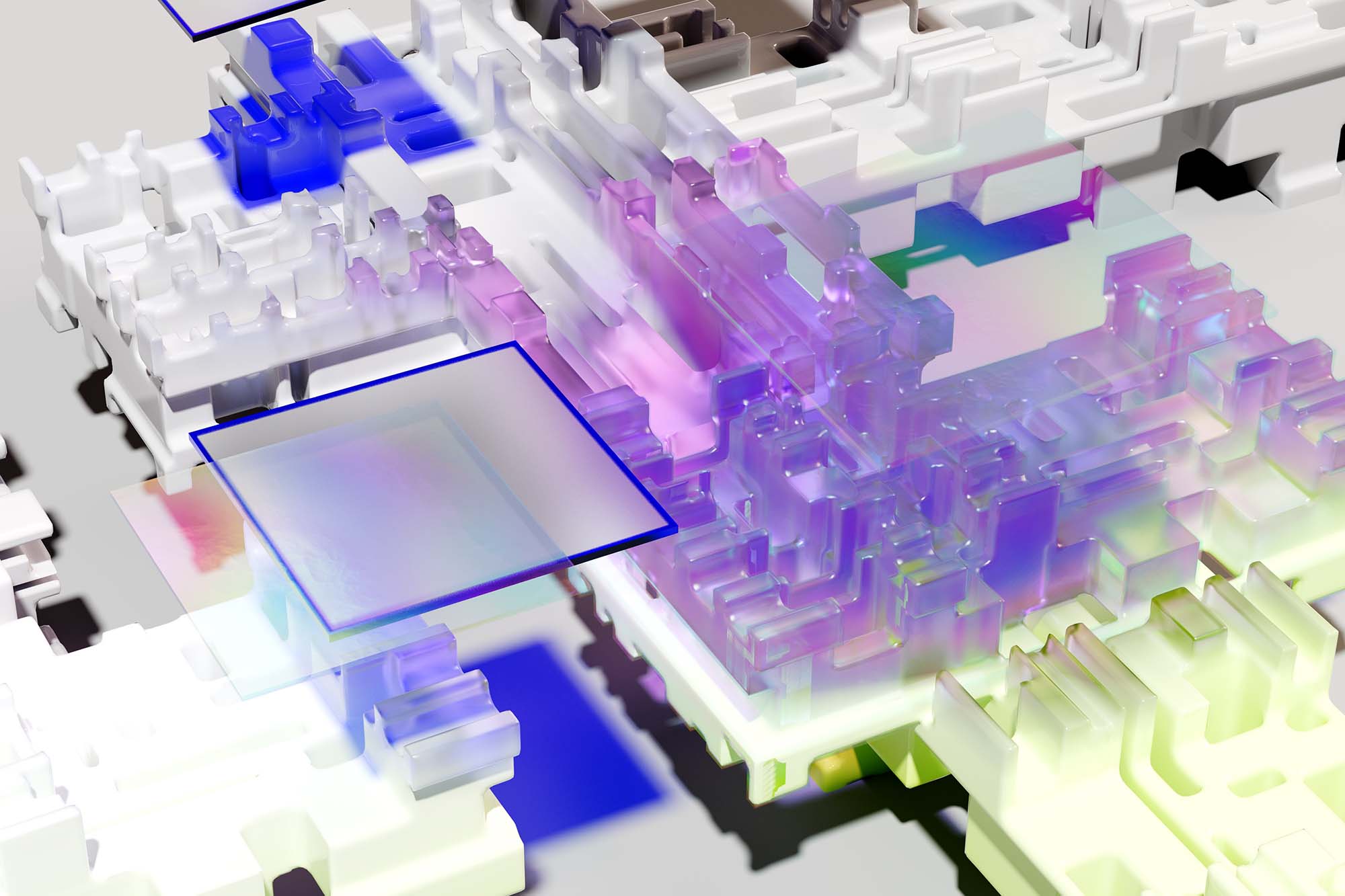AI-generated image plastic-looking, multicolored pseudo-circutry, kind of like a smooth, plastic multicolored motherboard or cityscape
