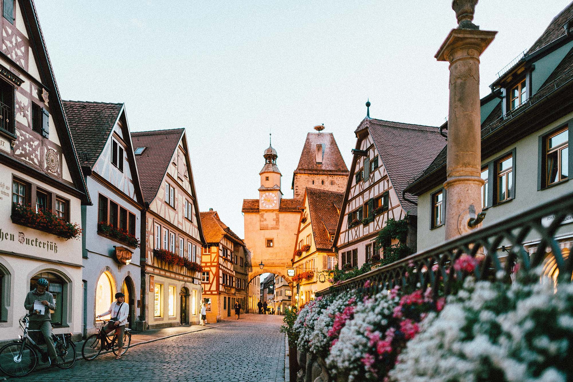 Quaint and beautiful German street scene from Rothenburg ob der Tauber, Germany