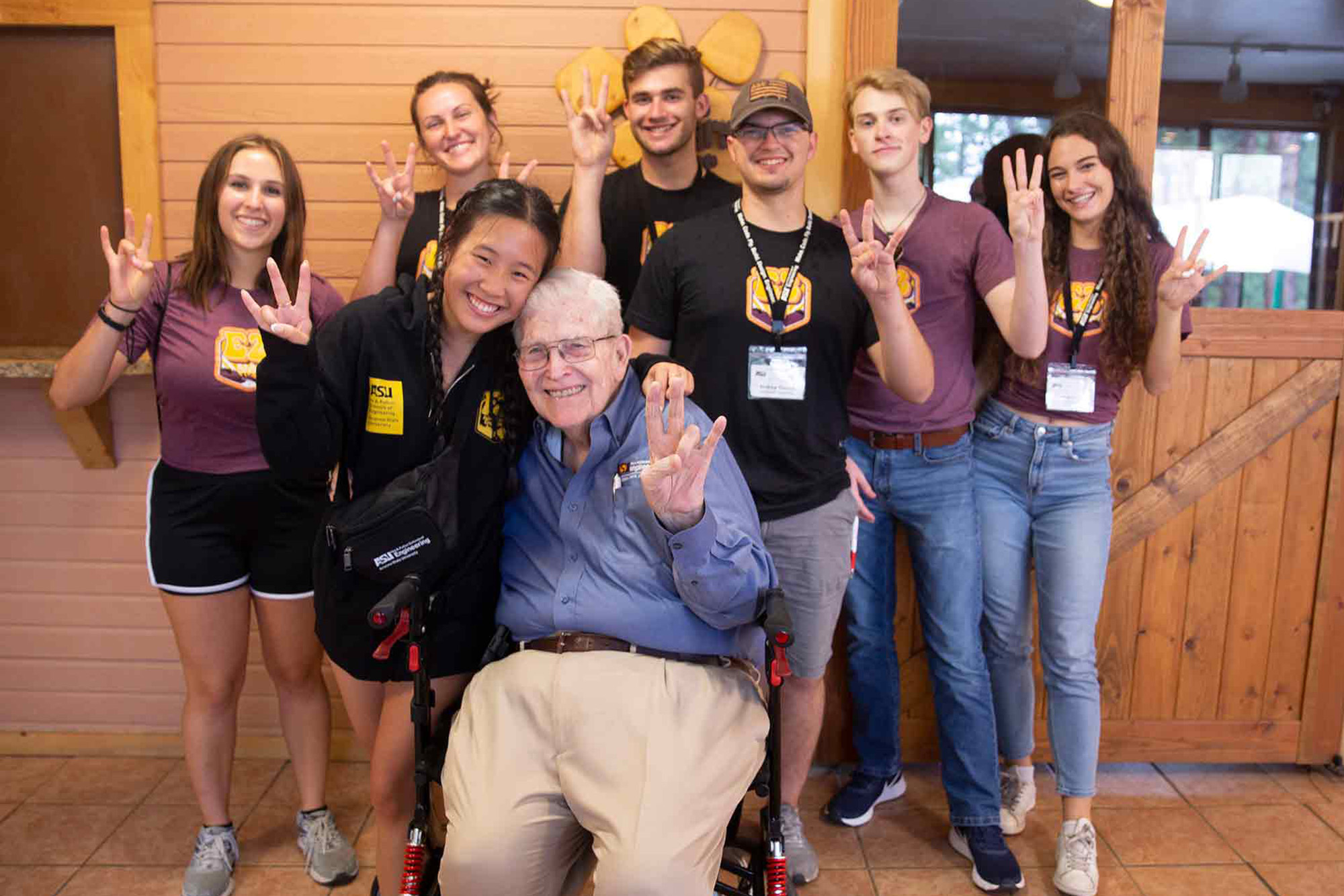 Ira A. Fulton (center) is surrounded by first-year ASU Engineering students at their summer camp, E2.