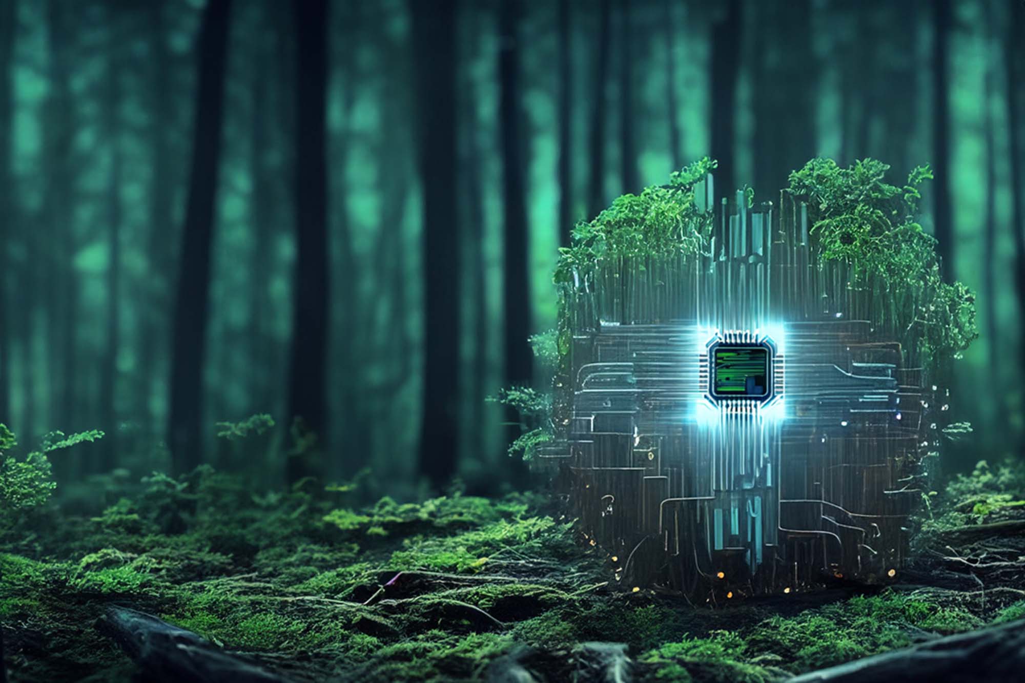 A stylized graphic image of a semiconductor chip integrated into plant matter glows in a forest.