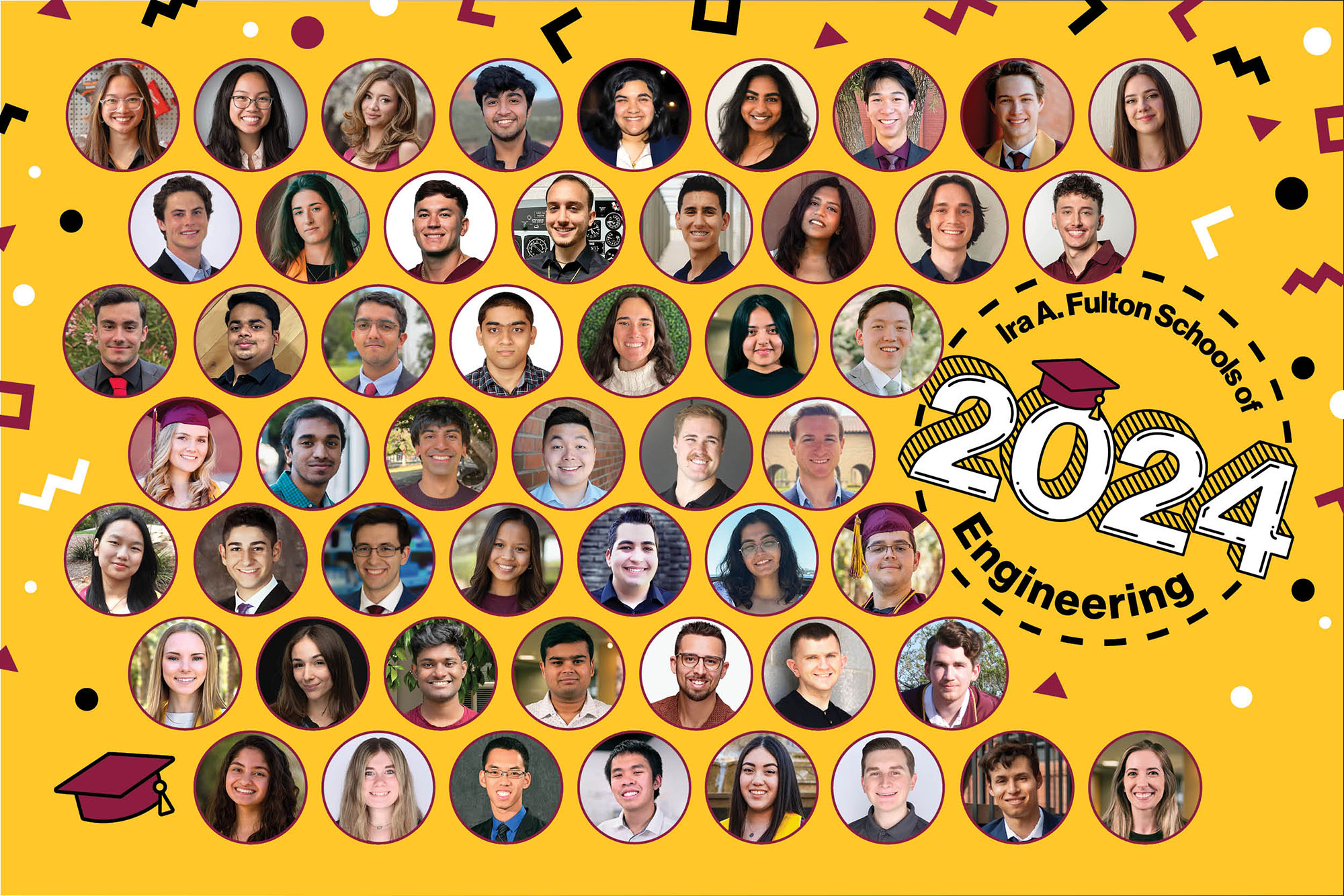 Collage image of portraits of the 52 Spring 2024 exceptional graduates of the Ira A. Fulton Schools of Engineering at ASU