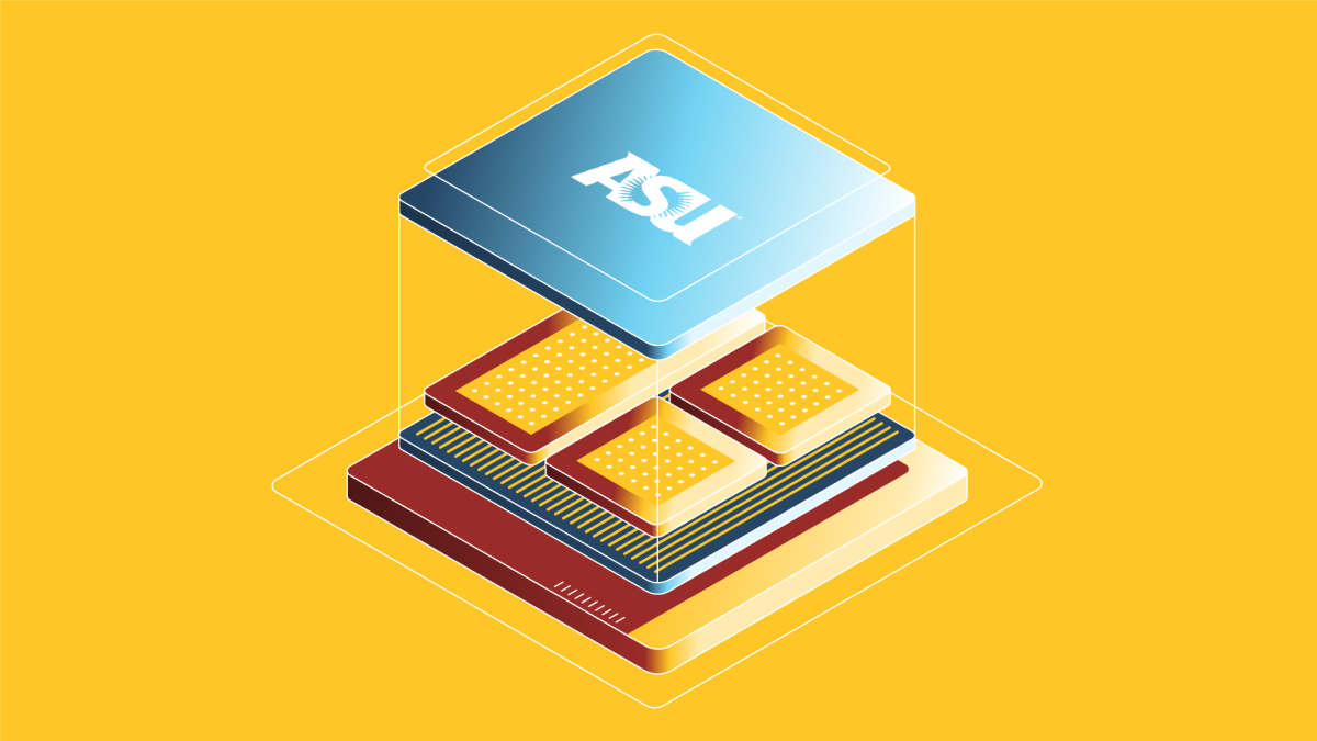 Illustration of a stylized layered chip with 'ASU' branding on the top layer, set against a vibrant yellow background.