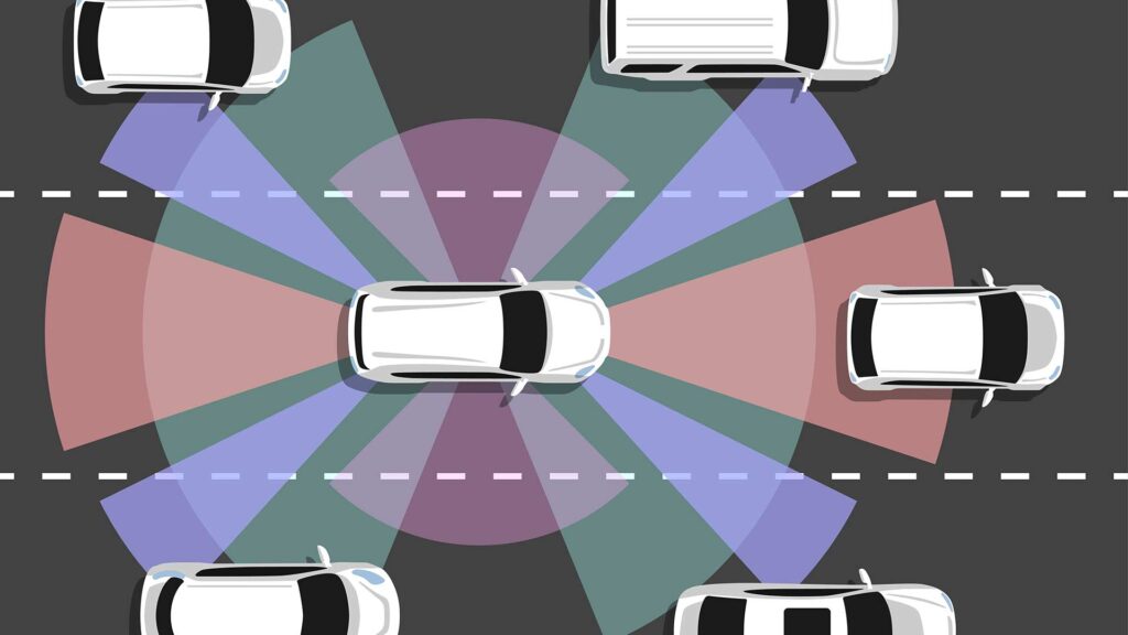 A graphic depicting the way a self-driving car (center) detects the things around it using cameras, depicted by colorful rays emanating from the car.