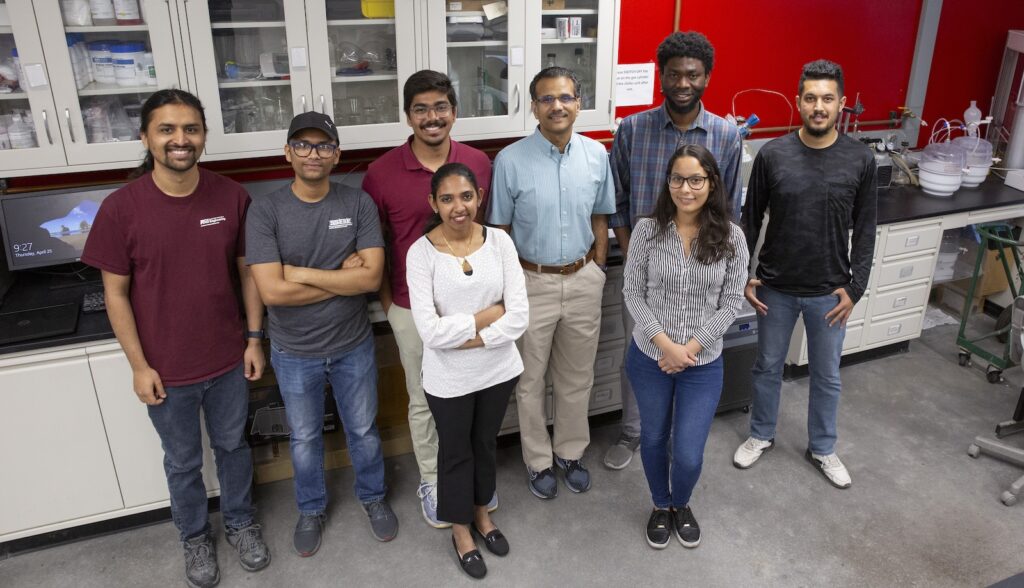 Eight members of Narayanan Neithalath's (center) lab stand in a group for a photo.