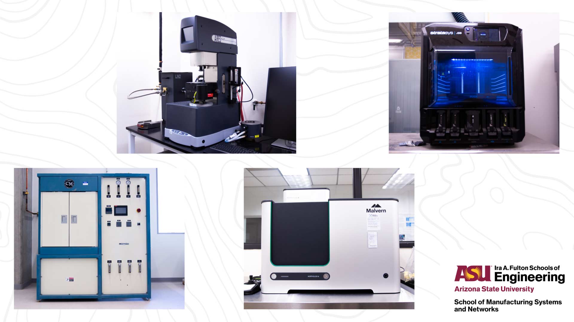 Collage of four pieces of laboratory equipment with the ASU Engineering School of Manufacturing Systems and Networks logo.